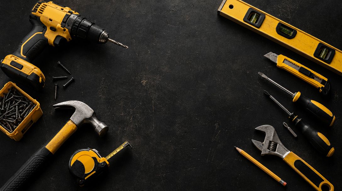 Professional handyman tools laid out on a dark workbench